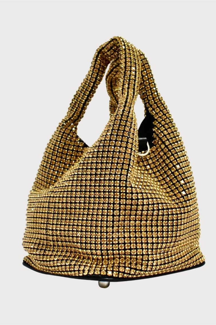 “GOLD RHINESTONE BUCKET BAG”