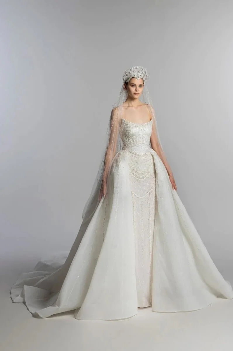 “LUMIERE BLANCHE” - LONG - STRAPLESS - CORSET - W/ Overskirt & Veil