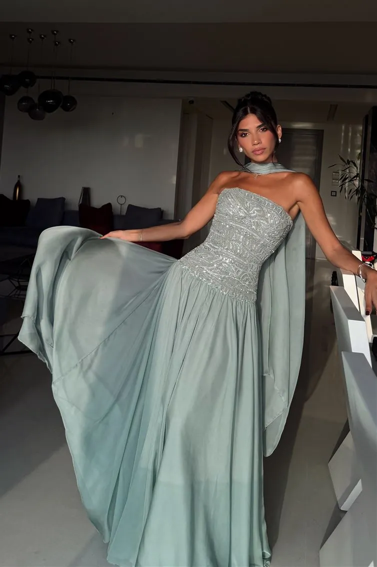 “ MINT GLAMOUR “ LONG - STRAPLESS - CORSET - FLOWY